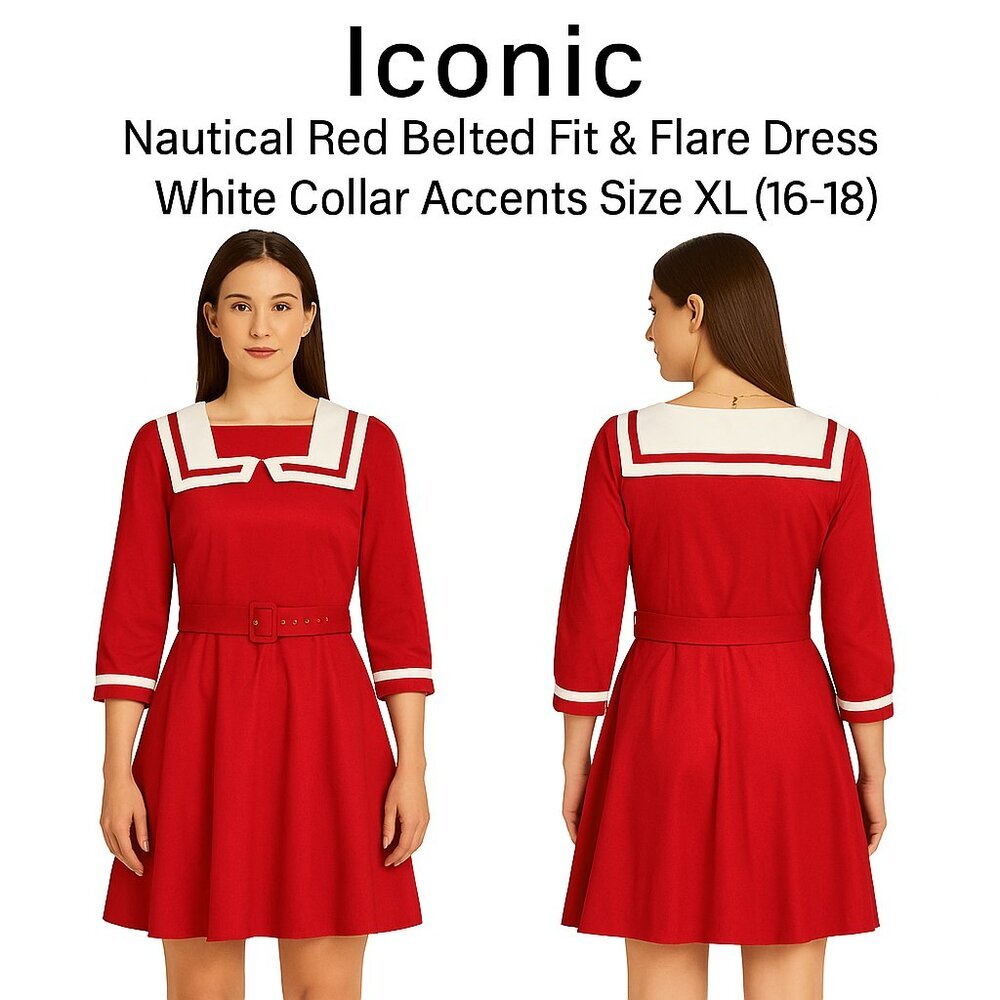 Iconic Nautical Red Belted Fit & Flare Dress White Collar Accents Size XL